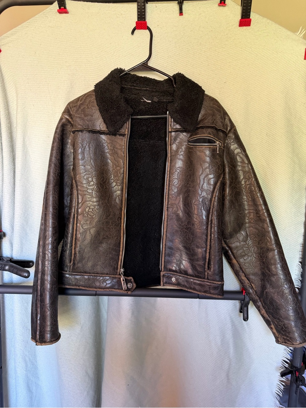 Brown Floral-Embossed Faux Leather Jacket with Shearling Collar
